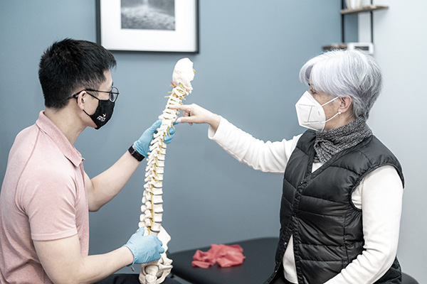 A physiotherapist explaining the spine to a patient